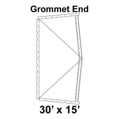 30' x 15' Classic Series Frame Tent Grommet End, 16 oz. Ratchet Top, Solid White, with detailed diagram of the grommet end structure.