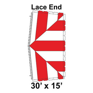 30' x 15' Classic Frame Tent Lace End, 16 oz. Ratchet Top, Red and White, with lace end design and structural framework for outdoor events.