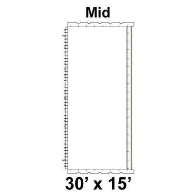 30' x 15' Classic Series Frame Tent Mid, 16 oz. Ratchet Top, Solid White, detailed dimension diagram of the tent layout and structure.