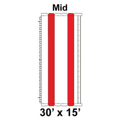 30' x 15' Classic Series Frame Tent Mid, 16 oz. Ratchet Top, White and Red, with a detailed diagram showing its dimensions and structural features.
