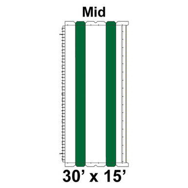 30' x 15' Classic Series Frame Tent Mid with 16 oz. Ratchet Top, white and forest green colors, showing a diagram of the tent's frame and cover.