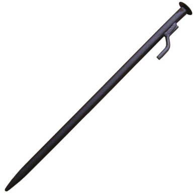 24" x 3/4" Stake with Sidehook, close-up image showing a black metal stake with a side hook for securing or attaching objects.