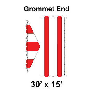 30' x 15' Gable Frame Tent Grommet End, 16 oz. Ratchet Top, White and Red, with detailed diagram of the grommet end section.