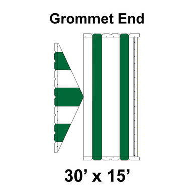 30' x 15' Gable Frame Tent Grommet End, 16 oz. Ratchet Top, White and Forest Green, with detailed diagram of the grommet end and framing structure.