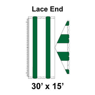 30' x 15' Gable Frame Tent Lace End, 16 oz. Ratchet Top, White and Forest Green, showing detailed diagram of the lace end with measurements and fabric specifications.