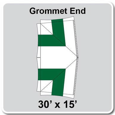 30' x 15' Master Series Frame Tent Grommet End, 16 oz. Ratchet Top, White and Forest Green, with grommet end and reinforced fabric sections for durability.