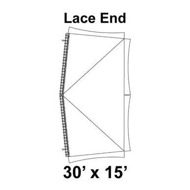 30' x 15' Master Series Frame Tent Lace End, 16 oz. Ratchet Top, Solid White, with detailed diagram of the lace end and tent dimensions.