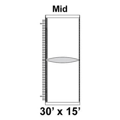 30' x 15' Premiere I High Peak Tent Mid, 16 oz. Ratchet Top, Solid White, tent diagram with labeled mid section.