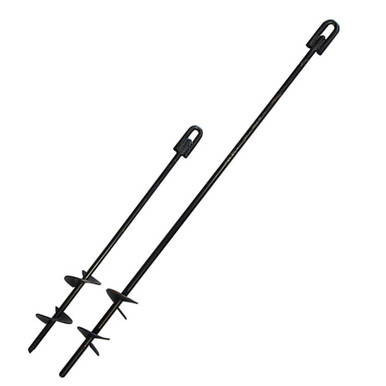 15" x 1/2" Auger Stake, two metal auger stakes with handles for soil anchoring and stability.