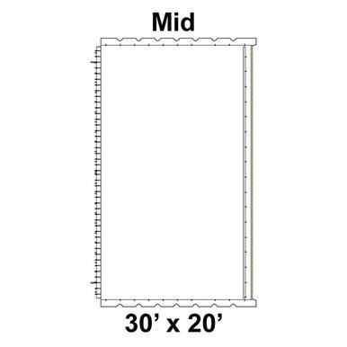 30' x 20' Classic Frame Tent Mid, 16 oz. Ratchet Top, Solid White, top view illustration of the tent's dimensions and structure.
