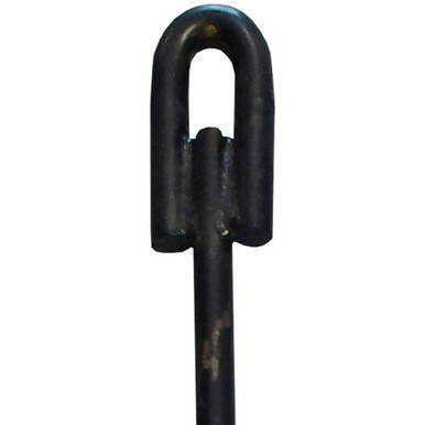 30" x 5/8" Auger Stake, black metal stake with a U-shaped top for securing or anchoring in the ground.