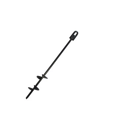 30" x 5/8" Auger Stake, heavy-duty black metal ground auger with a handle for easy rotation and deep soil penetration.