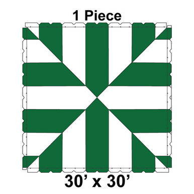 30' x 30' Classic Series Frame Tent, 1 Piece, 16 oz. Ratchet Top, White and Forest Green, showing the top view of the large square tent with green and white sections and its dimensions.