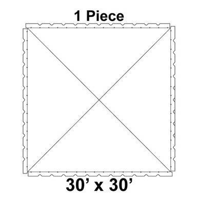 30' x 30' Classic Pole Tent, 1 Piece, 16 oz. Ratchet Top, Solid White, top-view diagram of the square-shaped tent with detailed measurements.