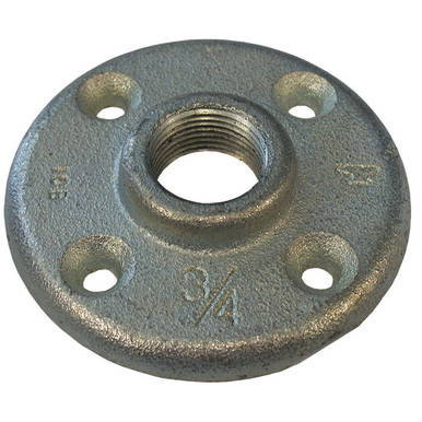 3/4 inch Galvanized Floor Flange, round metal flange with four bolt holes and a threaded central opening for pipe fitting
