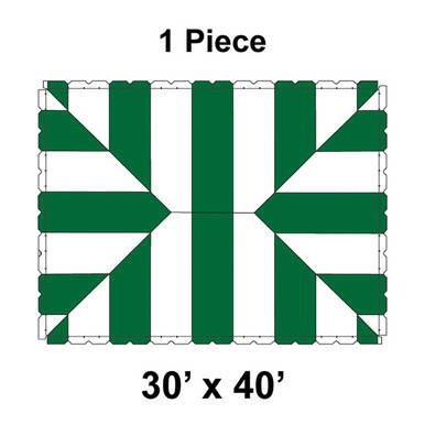 30' x 40' Classic Series Frame Tent, 1 Piece, 16 oz. Ratchet Top, White and Forest Green, with striped pattern and sturdy frame design.