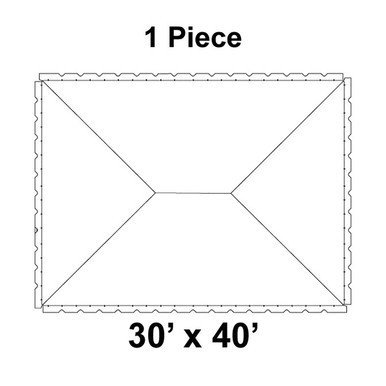 30' x 40' Classic Pole Tent, 1 Piece, 16 oz. Ratchet Top, Solid White, product image showing the layout and specifications of the large outdoor event tent.