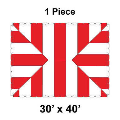 30' x 40' Classic Pole Tent, 1 Piece, 16 oz. Ratchet Top, White and Red, with a striped pattern and reinforced corners for outdoor use.