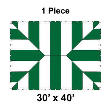 30' x 40' Classic Pole Tent, 1 Piece, 16 oz. Ratchet Top, White and Forest Green, showing a large, rectangular outdoor tent with striped green and white polyester fabric, designed for events and gatherings.