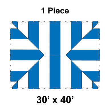 30' x 40' Classic Pole Tent, 1 Piece, 16 oz. Ratchet Top, White and Blue, outdoor event tent with striped pattern and durable fabric for gatherings.