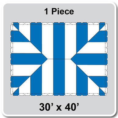30' x 40' Classic Pole Tent, 1 Piece, 16 oz. Ratchet Top, White and Blue, with striped pattern and reinforced edges for outdoor events and gatherings.