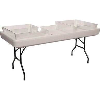 2/3 Depth Extension Kit for White Fill 'N Chill Table, image of extension kit with two clear plastic compartments on a white rectangular base with black metal legs.