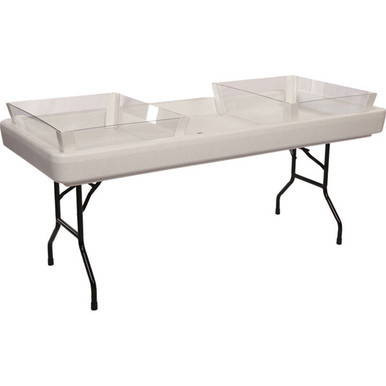 2/3 Depth Extension Kit for White Fill 'N Chill Table, image of extension kit with two clear plastic compartments on a white rectangular base with black metal legs.