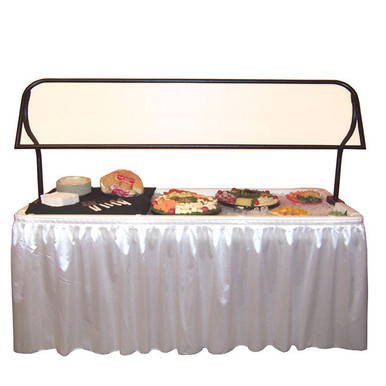 Fill 'N Chill Sneezeguard, clear sneeze guard installed above a buffet table with various food trays, protecting food from sneezes and contaminants during events.