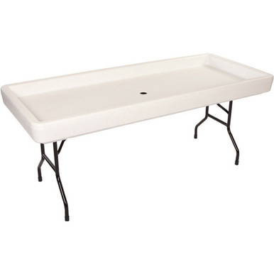 Wht. Fill N Chill Party Table, white rectangular plastic serving or beverage table with black metal folding legs.