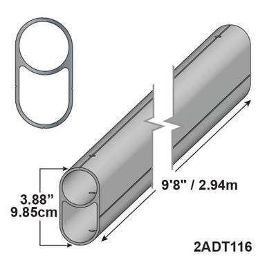 9'8" - Aluminum Double Tube, illustrated diagram showing dimensions and structure of the double tube with detailed measurements.