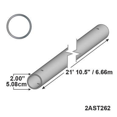 21' 10.5" Aluminum Single Tubing, a long, cylindrical aluminum tube measuring 21 feet 10.5 inches in length, with a diameter of 2 inches, designed for construction or structural applications.