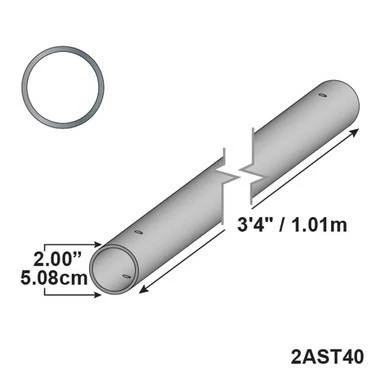 3'4" - Aluminum Single Tubing, technical drawing of cylindrical aluminum tube with dimensions of 3 feet 4 inches length and 2 inches diameter, with a separate ring included.