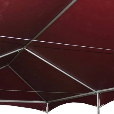 3/16" x 9' Frame Tent Cable with Carabiners, close-up view inside a red canopy tent showing the cable and metal frame structure.