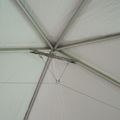 4 Point Cable Assembly for 20' Wide, close-up image of the cable attachment points and metal framework inside a tent or canopy structure.
