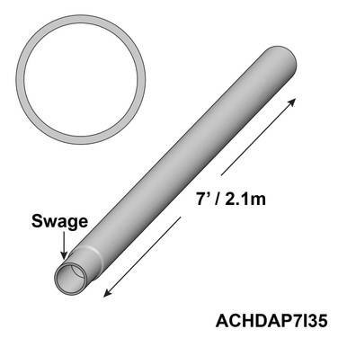 7' Heavy Duty Aluminum Insert, image showing a long aluminum pipe with dimensions and a close-up of the swage end.