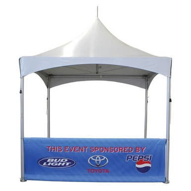 Pinnacle Rail Curtain Fitting, image of a white and blue outdoor event tent with the logo and sponsorship banners