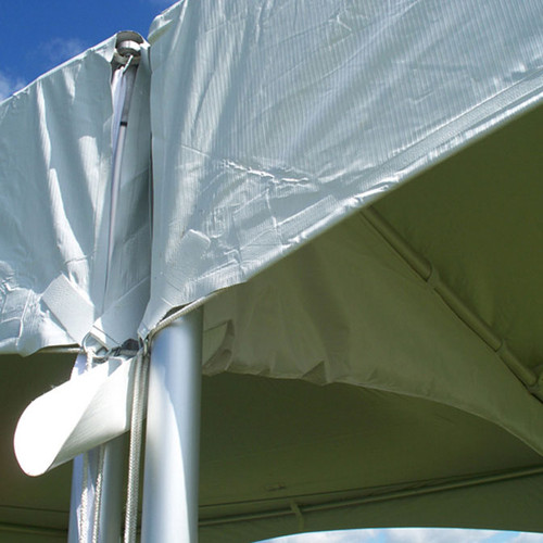 Pinnacle series water gutter made from a vinyl material that sits between the tent valances.