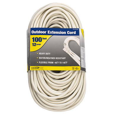100' White Extension Cord 12/3, rolled outdoor extension cord with label highlighting 100 feet length, heavy duty, waterproof/weather resistant, flexible from -40°F to 140°F.