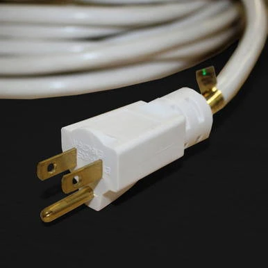 100' Triple Tap White Cord 12/3, close-up of white extension cord with multiple outlets and gold prongs on black background.