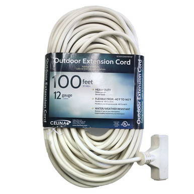 100' Triple Tap White Cord 12/3, coiled outdoor extension cord with a triple tap power outlet, heavy duty, water/weather resistant, flexible from -40°F to 140°F.