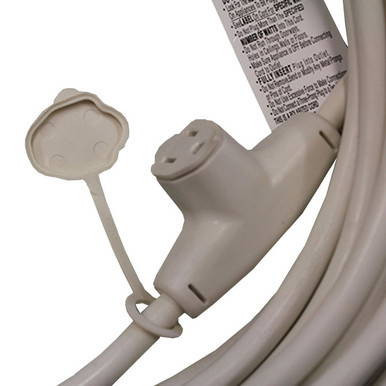 50' 3-Cap White Cord 12/3, electrical extension cord with multiple outlets and attached cover for safety.