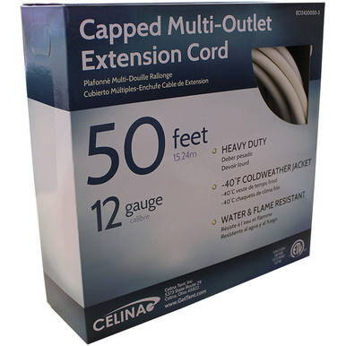 50' 3-Cap White Cord 12/3, product packaging showing the extension cord specifications including length, gauge, and features such as heavy duty, cold weather resistance, and water and flame resistant properties.