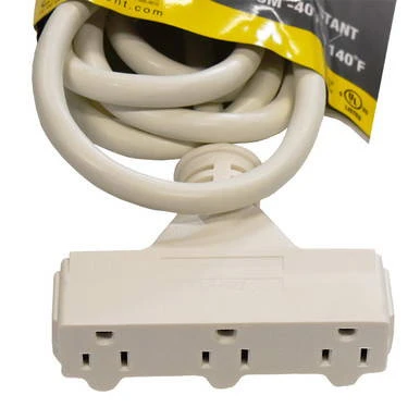10' Triple Tap White Cord 12/3, image of a white extension cord with triple outlet tap and a length of 10 feet.