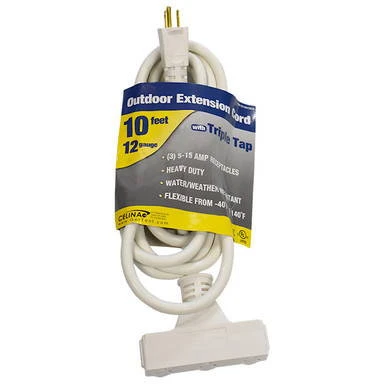 10' Triple Tap White Cord 12/3, image of a white outdoor extension cord with three outlets and a male plug