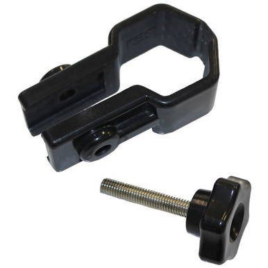 Angled Rail Skirt Clamp, black metal clamp with a screw for secure attachment.
