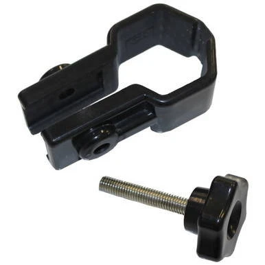 Angled Rail Skirt Clamp, black metal clamp with a screw for secure attachment.