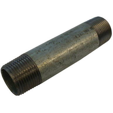 4 x 3/4 inch Galvanized Nipple, metallic threaded pipe fitting with male threads on both ends for plumbing or construction use.