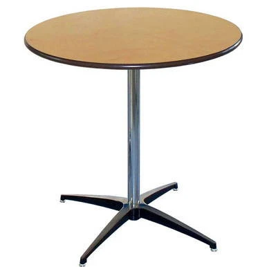 Celina Tent 30 Round Pedestal Table, wooden round tabletop on a metal pedestal base with four feet.