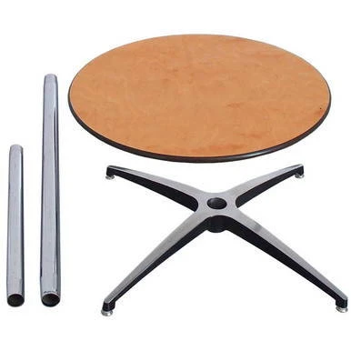 36 Inch Round Pedestal Table, disassembled with tabletop, metal pedestal base, and two metal poles.