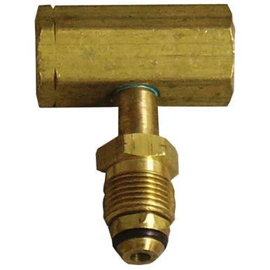 T-Block Manifold, brass industrial T-shaped pipe fitting with threaded connection for fluid distribution.